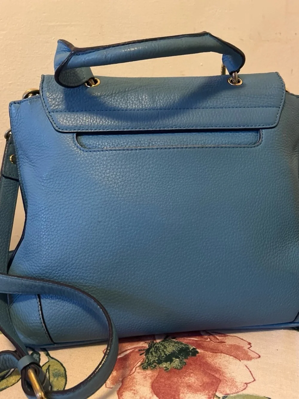 MCM Turquoise Blue Leather Top-Handle Satchel with Gold Hardware